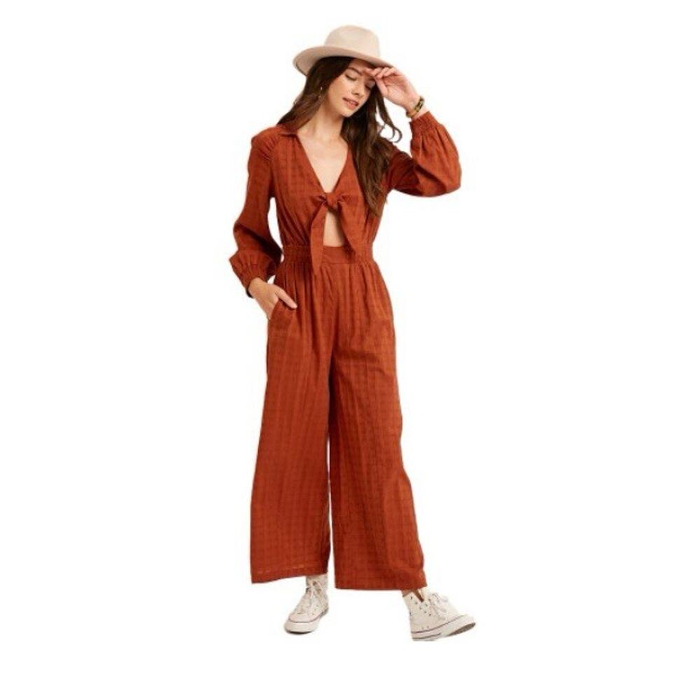 Women’s Fall Winter Jumpsuit Long Sleeve Front Tie Orange Size Large